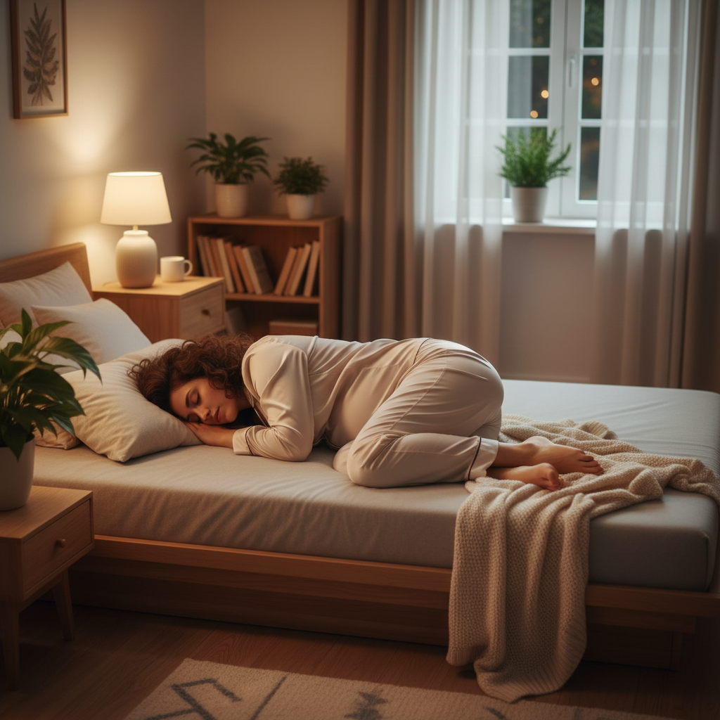 一个温馨的卧室场景,暖黄色灯光下,一位处于孕早期的女性正穿着舒适的丝质睡衣,侧身蜷缩在柔软的浅灰色床垫上安稳入睡