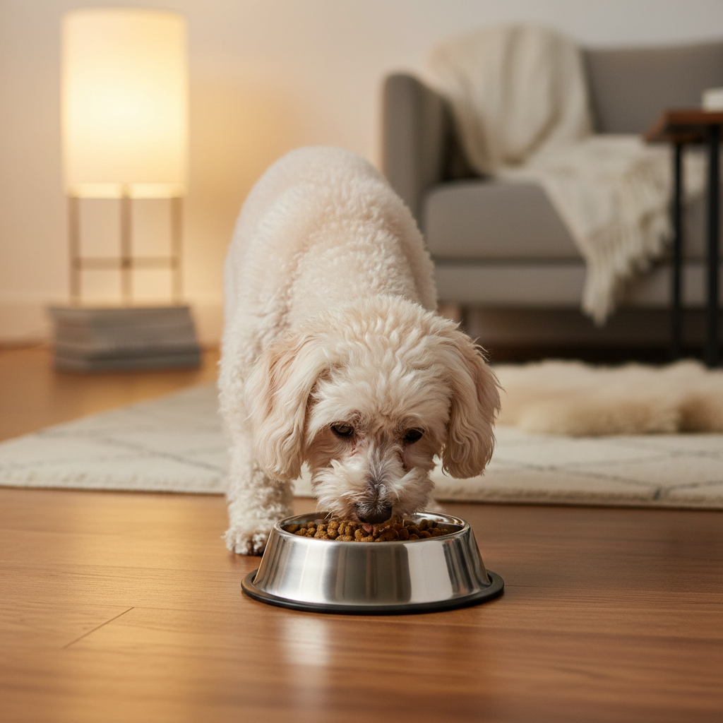 一只白色的微型贵宾犬正低头吃着不锈钢碗里的天然粮，背景是温馨的木质地板和暖黄色的灯光