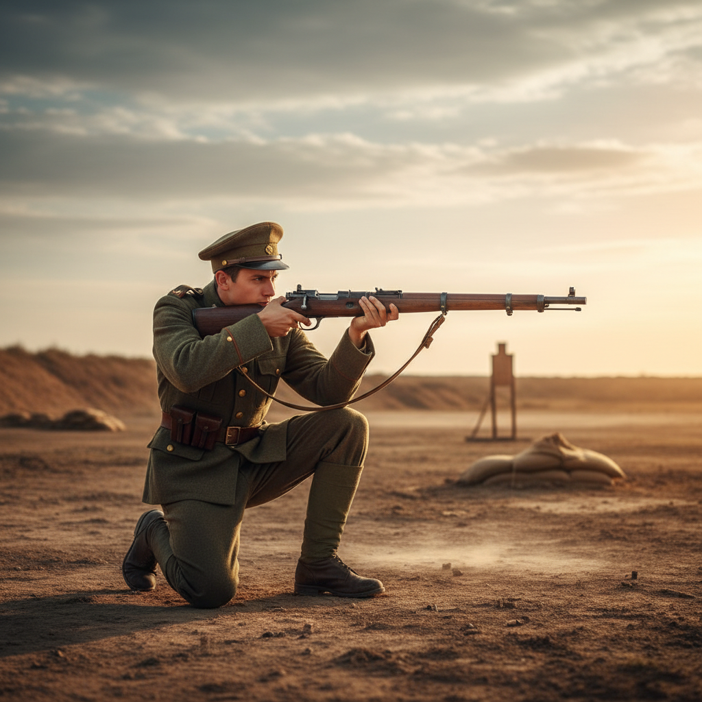 一名身着旧式深绿色军装的年轻士兵,在荒凉的射击场上端着长枪瞄准,眼神专注犀利