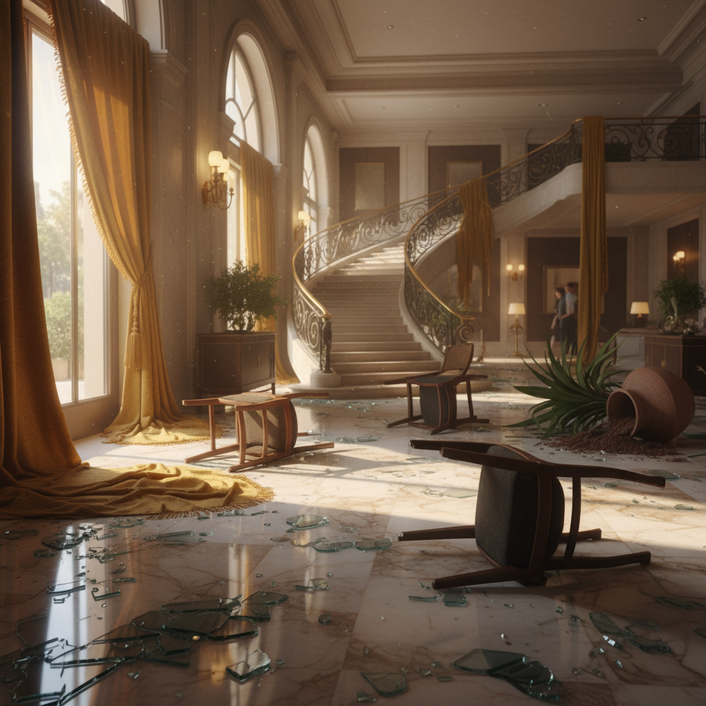 宽敞而凌乱的酒店大堂，大理石地面上堆满了碎玻璃、断裂的实木椅子和被扯下的暗金色窗帘