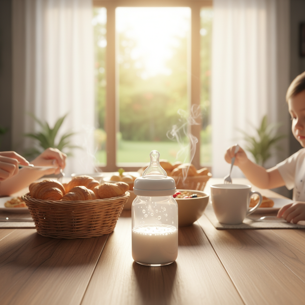 一张温馨的家庭餐桌，一个透亮的奶瓶里装着冲泡好的牛奶，细小的泡沫正慢慢消散，背景是柔和的晨光