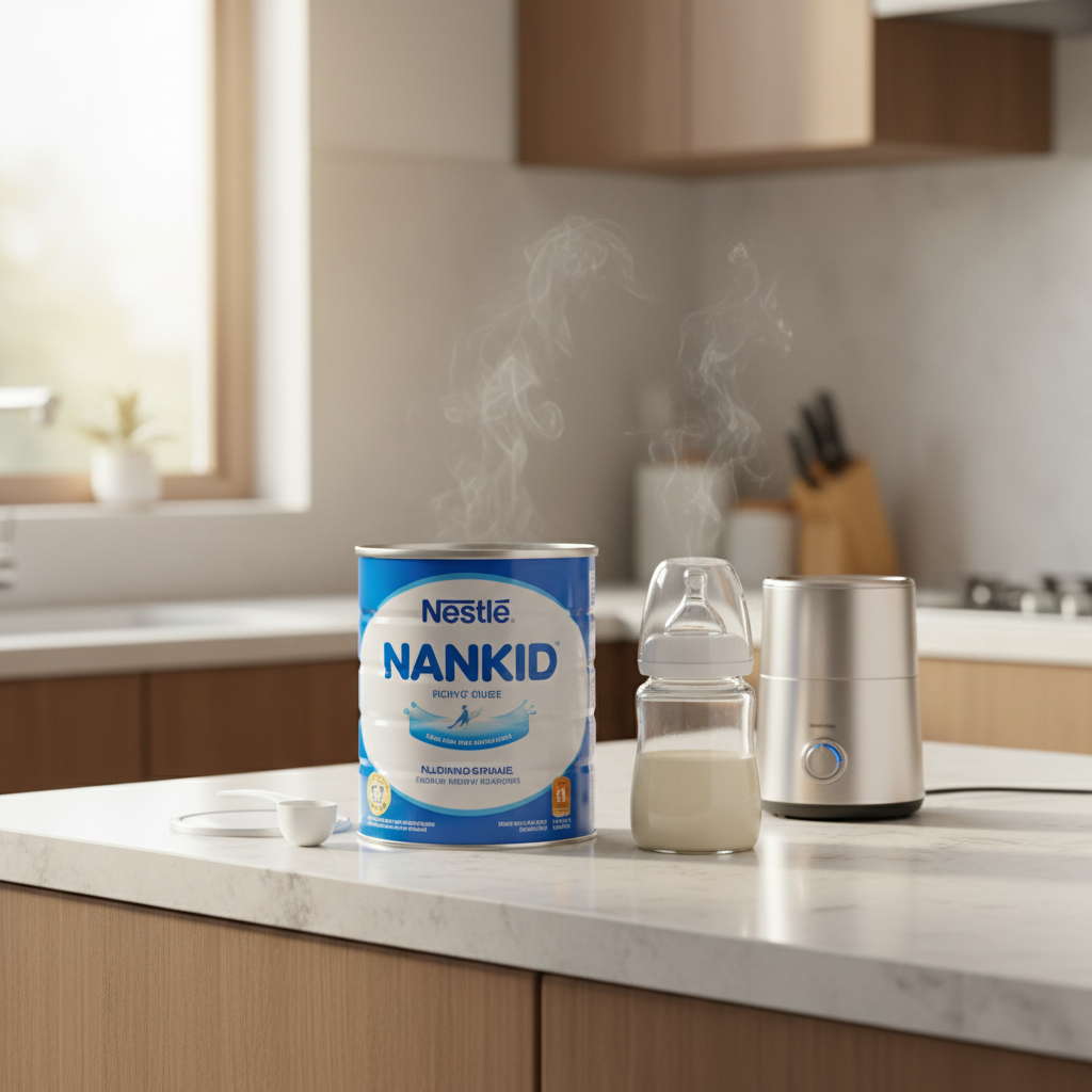 厨房台面上摆着雀巢奶粉罐和量勺，旁边是温水奶瓶