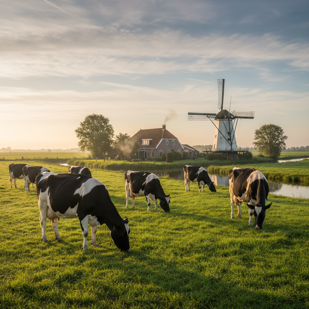 荷兰牧场清晨，几头黑白相间的奶牛正在翠绿的草地上低头吃草，背景是红顶的农舍和标志性的荷兰风车