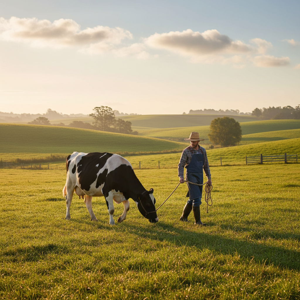 一位穿着围裙的农场主正在清晨的有机牧场里牵着一头黑白相间的奶牛,背景是连绵的绿色山丘和几朵白云
