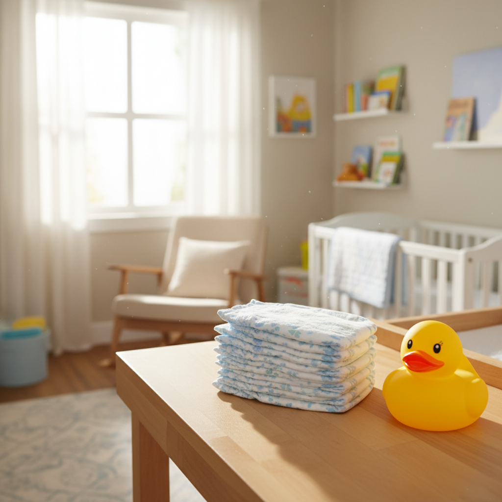 阳光充足的育儿房里，一叠整齐码放的蓝白色调纸尿裤摆在木质桌面上，旁边放着一个可爱的黄色小鸭子玩具