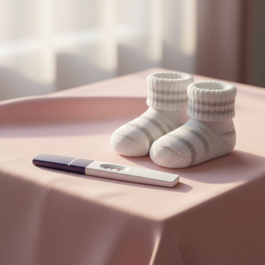 一张精致的近景照片，显示一支显示双杠的验孕棒放在淡粉色丝绸质地的桌布上，旁边有一对可爱的小婴儿袜子