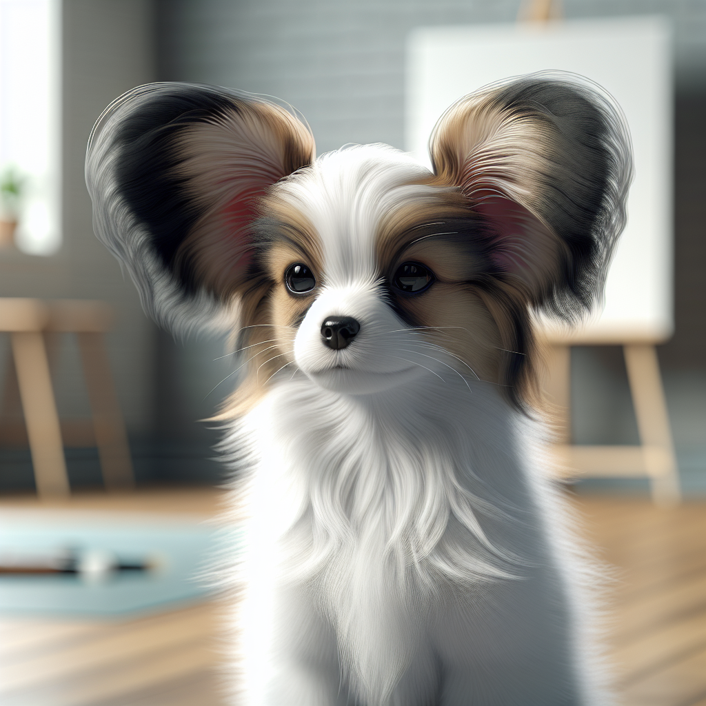 蝴蝶犬幼犬耳朵和耳缘饰毛特写