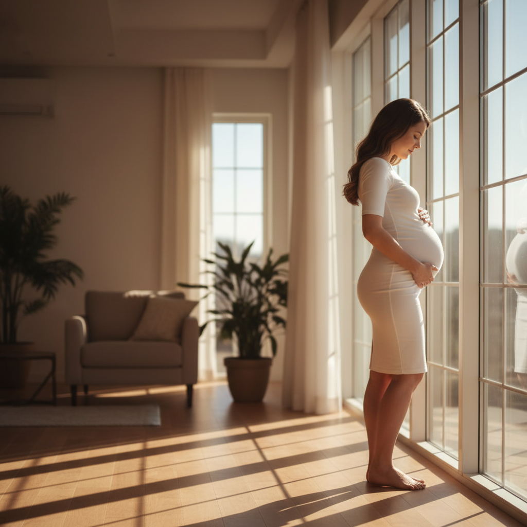 阳光明媚的午后，一位身穿白色贴身孕妇裙的女性站在落地窗前，温柔地抚摸着微微隆起的腹部，侧影轮廓柔和