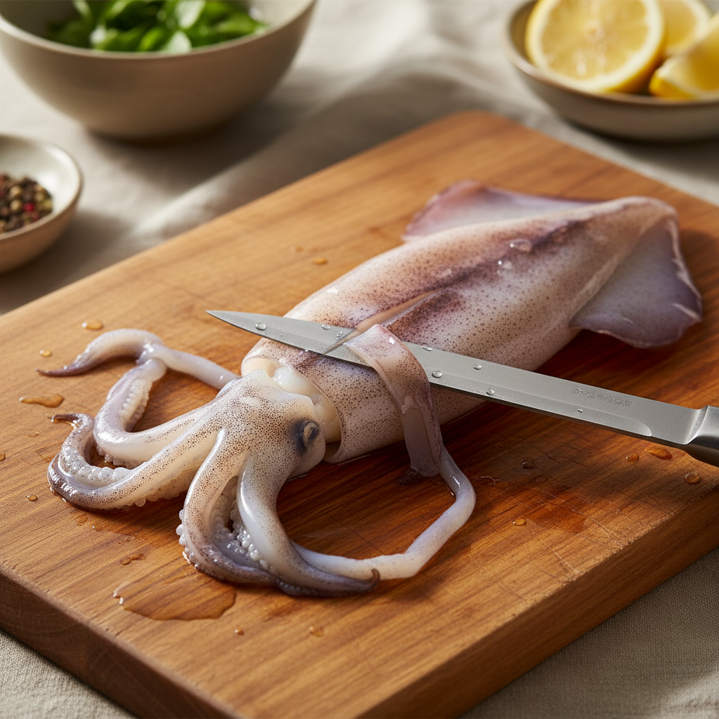一只新鲜透亮的整鱿鱼放在木质案板上,刀尖正在划开薄薄的紫色外皮