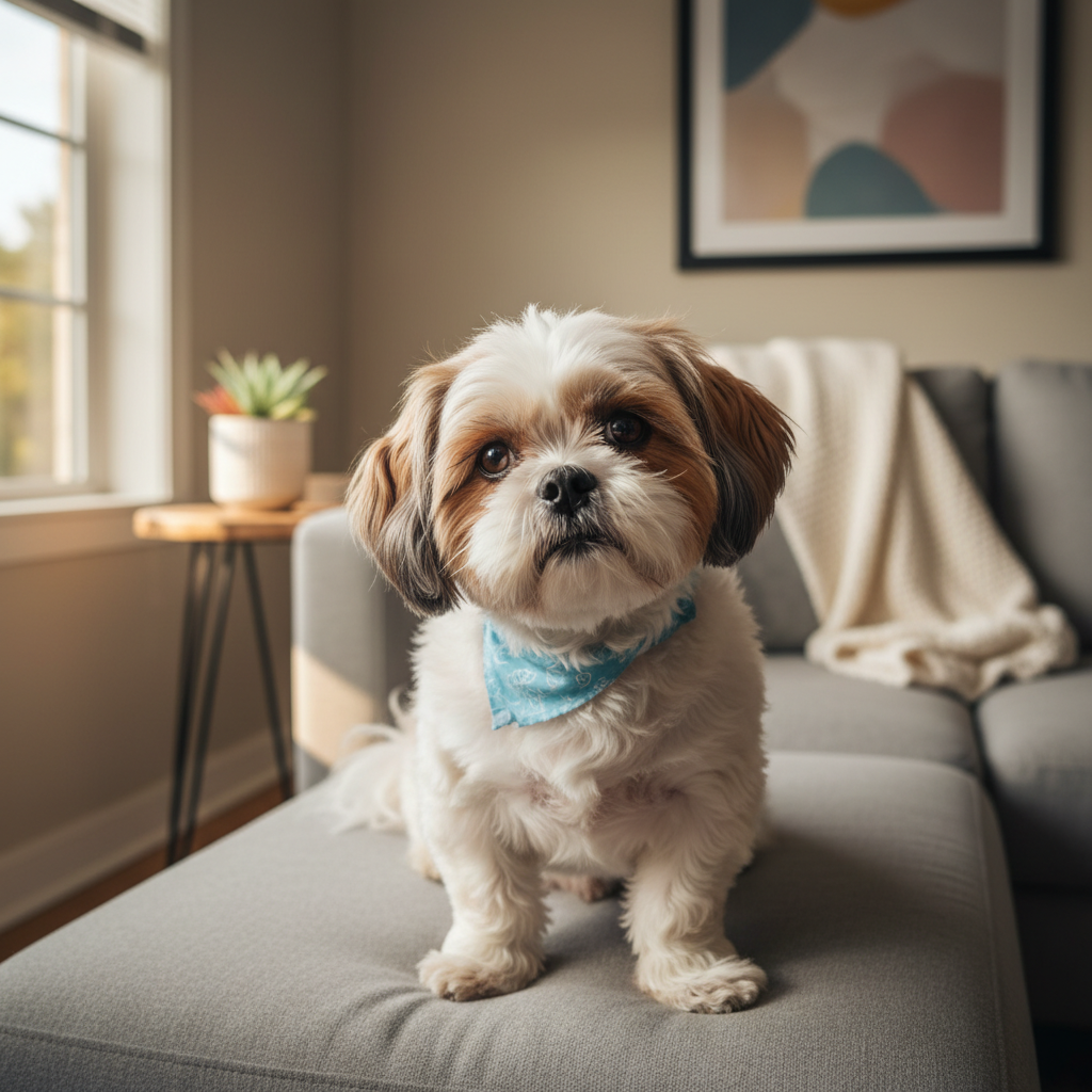 一只白棕色西施犬坐在浅灰沙发上歪头看镜头，脖子系着蓝色小围巾