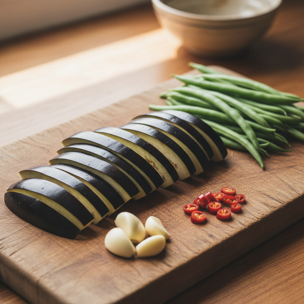 切成条状的紫皮茄子和长短一致的青翠豆角整齐摆放在木质菜板上，旁边还有剥好的蒜瓣和切好的红辣椒圈