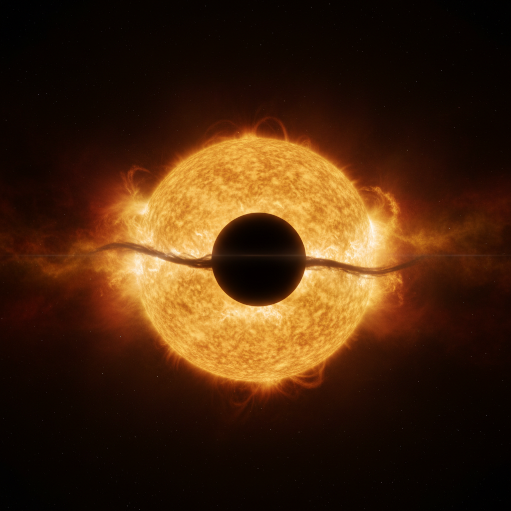 在深邃漆黑的太空中,巨大的金色太阳表面喷发出耀眼的日珥,一个边缘清晰的黑色球形阴影似乎正通过一道暗色的细流与太阳相连