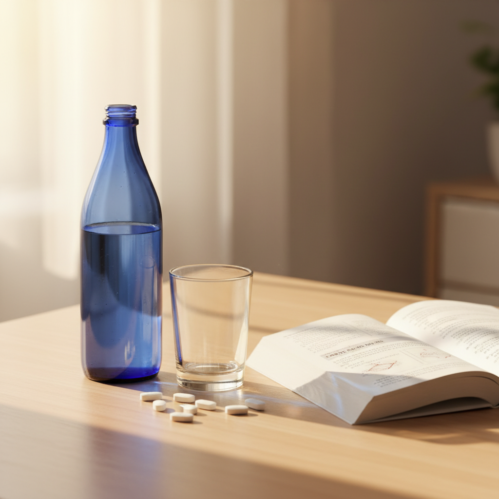 一个洁净的木质桌面上放着一瓶深蓝色的矿泉水、一个透明的水杯以及几颗白色的药片,旁边有一本翻开的关于男性健康的医学科普书