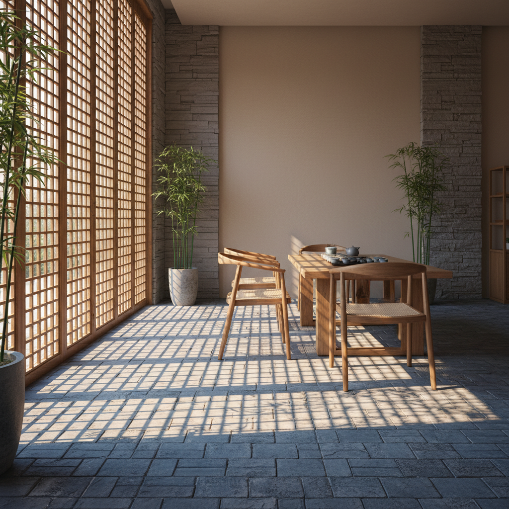 一间现代中式茶室中，阳光透过木质格栅窗洒在磨砂质感的青砖地面上，形成有节奏的条纹光影