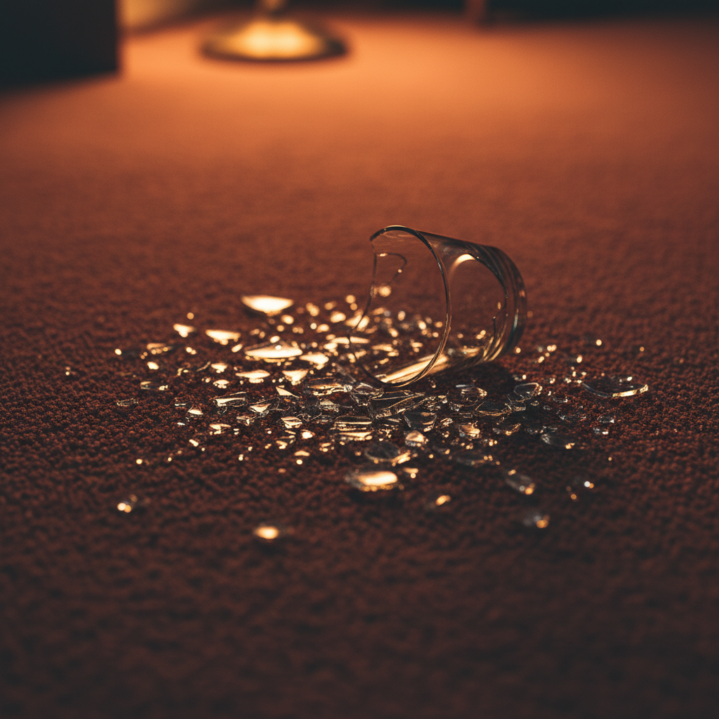 一个破碎的透明玻璃杯散落在红色的地毯上，周围是晶莹的碎片，在昏暗的灯光下闪着微光