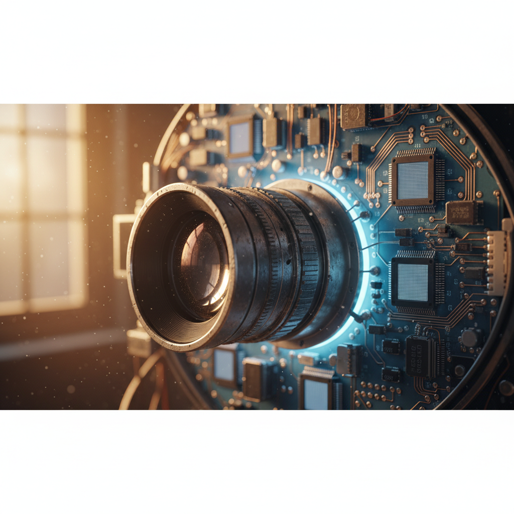 一台老旧的、布满划痕的科研探测器相机镜头,背后是散发着淡淡蓝光的复杂的电子电路板和老式的CCD感光元件
