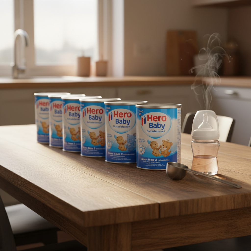 几罐荷兰版Hero Baby奶粉整齐地摆放在木质餐桌上，旁边放着一个装满温水的奶瓶和一个精准的奶粉量勺