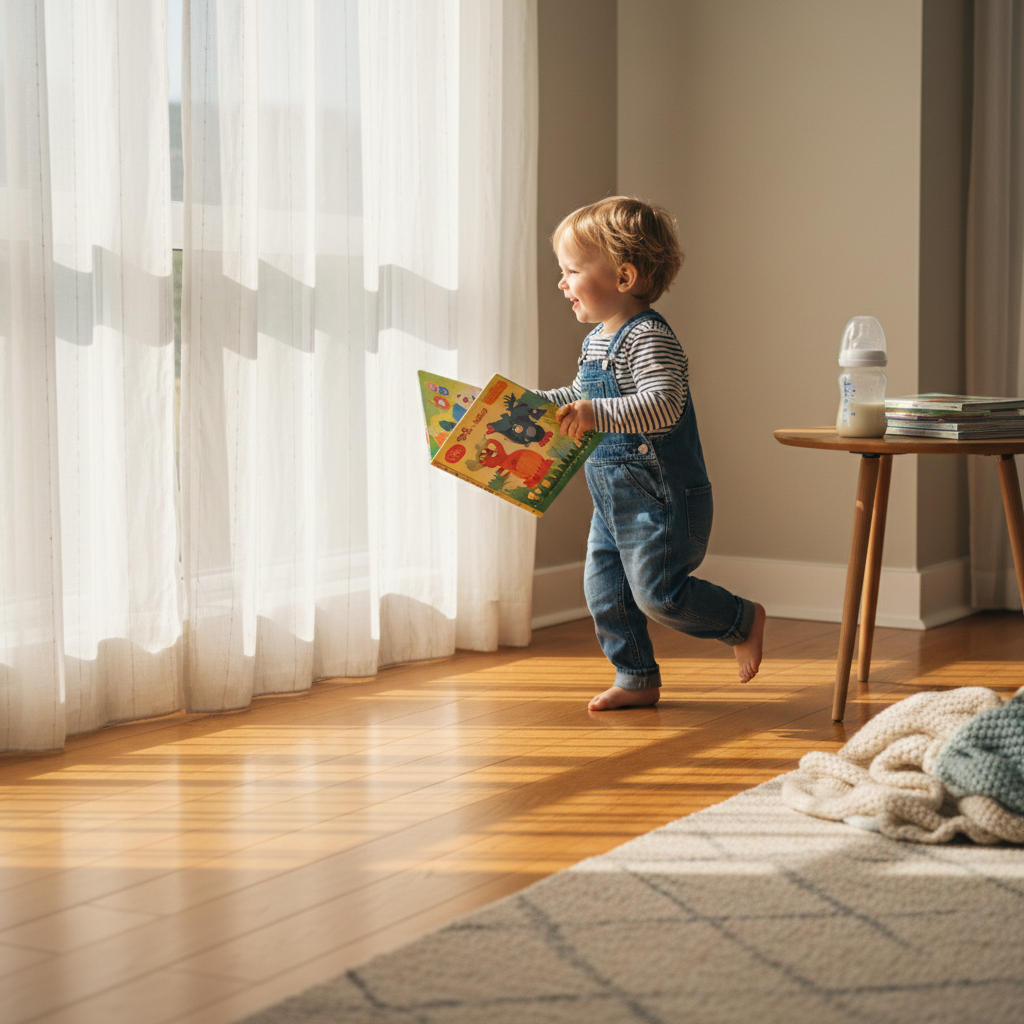 一个一岁多穿着背带裤的小男孩，手里拿着彩色绘本，正在快乐地奔跑，阳光透过窗帘洒在木地板上，旁边放着一瓶刚冲好的奶粉