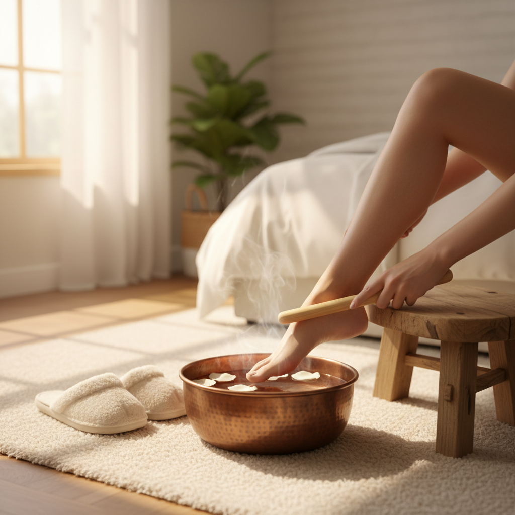 睡前用木质按摩棒轻揉足内侧穴位，旁边有温水盆和棉拖鞋