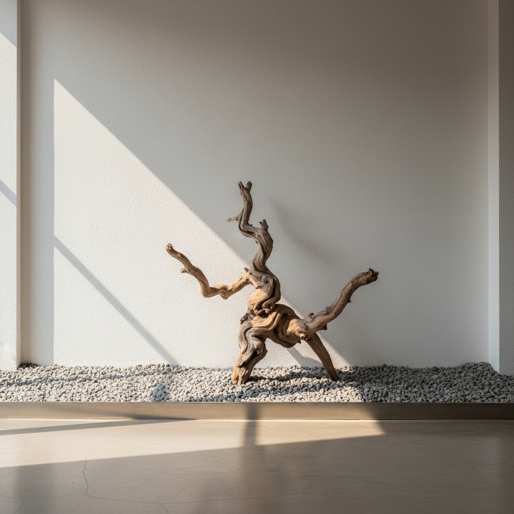 茶馆内一个极简的角落，白色微水泥墙面前摆放着一截造型古朴的枯木，下方是整齐的灰白色碎石基底