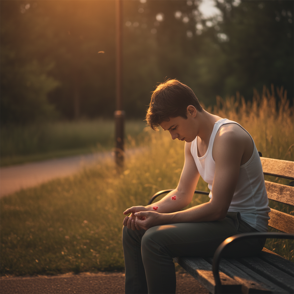 一个身穿白色背心的年轻人在夏日夜晚的公园长椅上，正低头无奈地看着手臂上隆起的红色蚊子包，周围有淡淡的草丛阴影