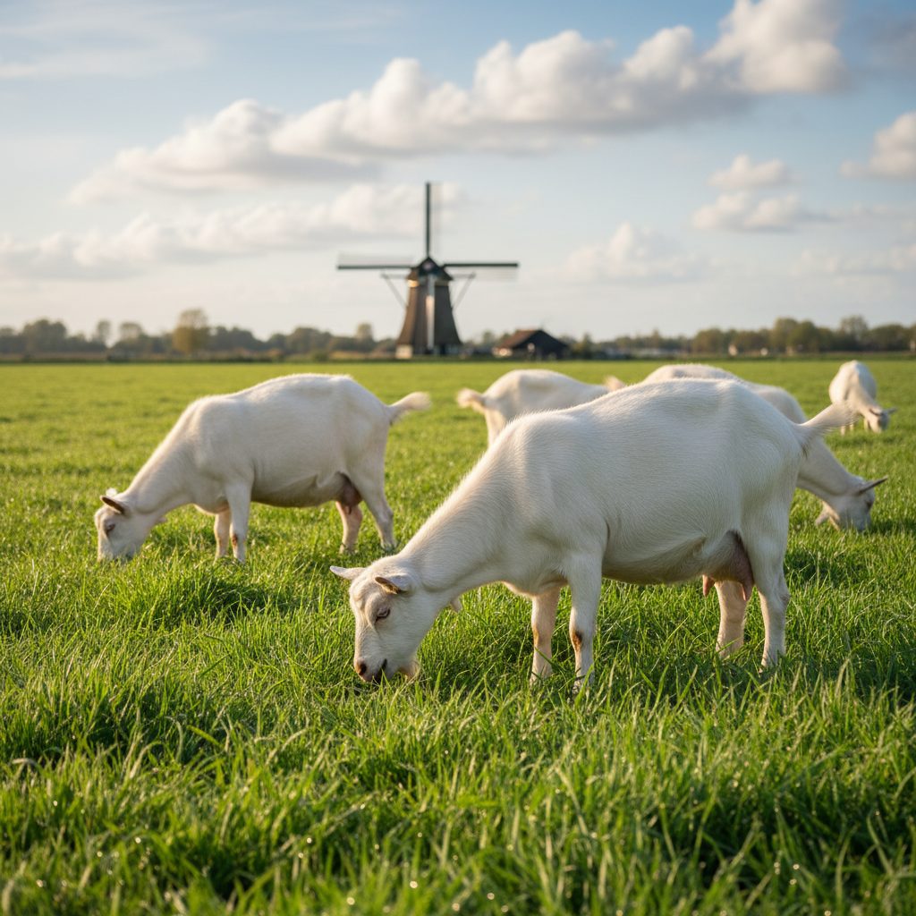 在荷兰一望无际的绿色牧场上，几只纯白色的莎能奶羊正在低头啃食带着露水的青草，背景是标志性的风车和蓝天白云