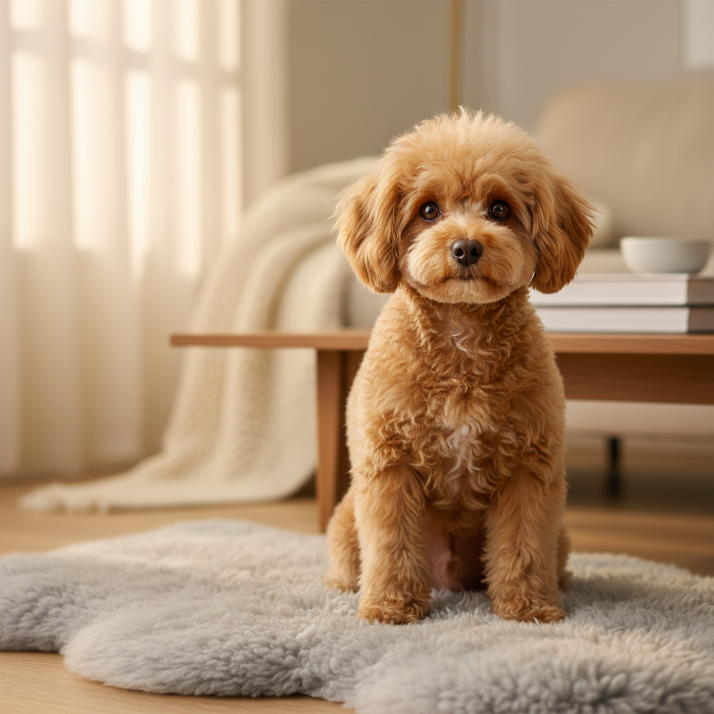 一只修剪整齐的玩具型贵宾犬乖巧地坐在浅灰色的羊毛地毯上，深棕色的眼睛亮晶晶的，毛发卷曲蓬松