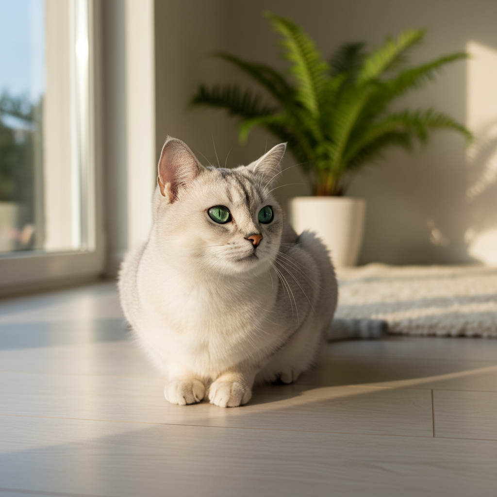 一只拥有银白色丝滑背毛的波米拉猫静静地蹲在浅色木地板上，翠绿色的眼睛像宝石一样深邃