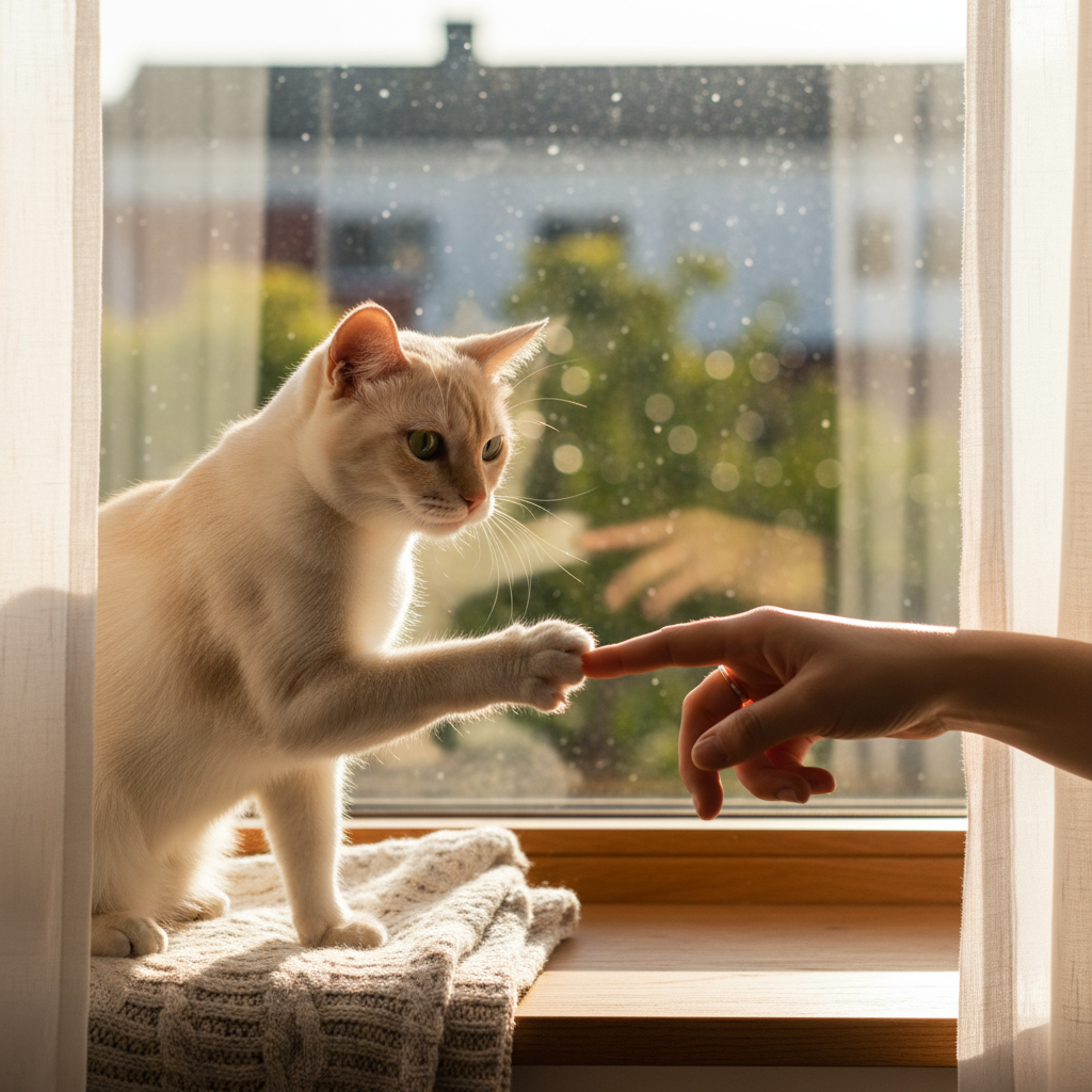 波米拉猫与主人在阳光充足的窗台上互动，猫咪伸出粉嫩的小爪子触碰主人的指尖