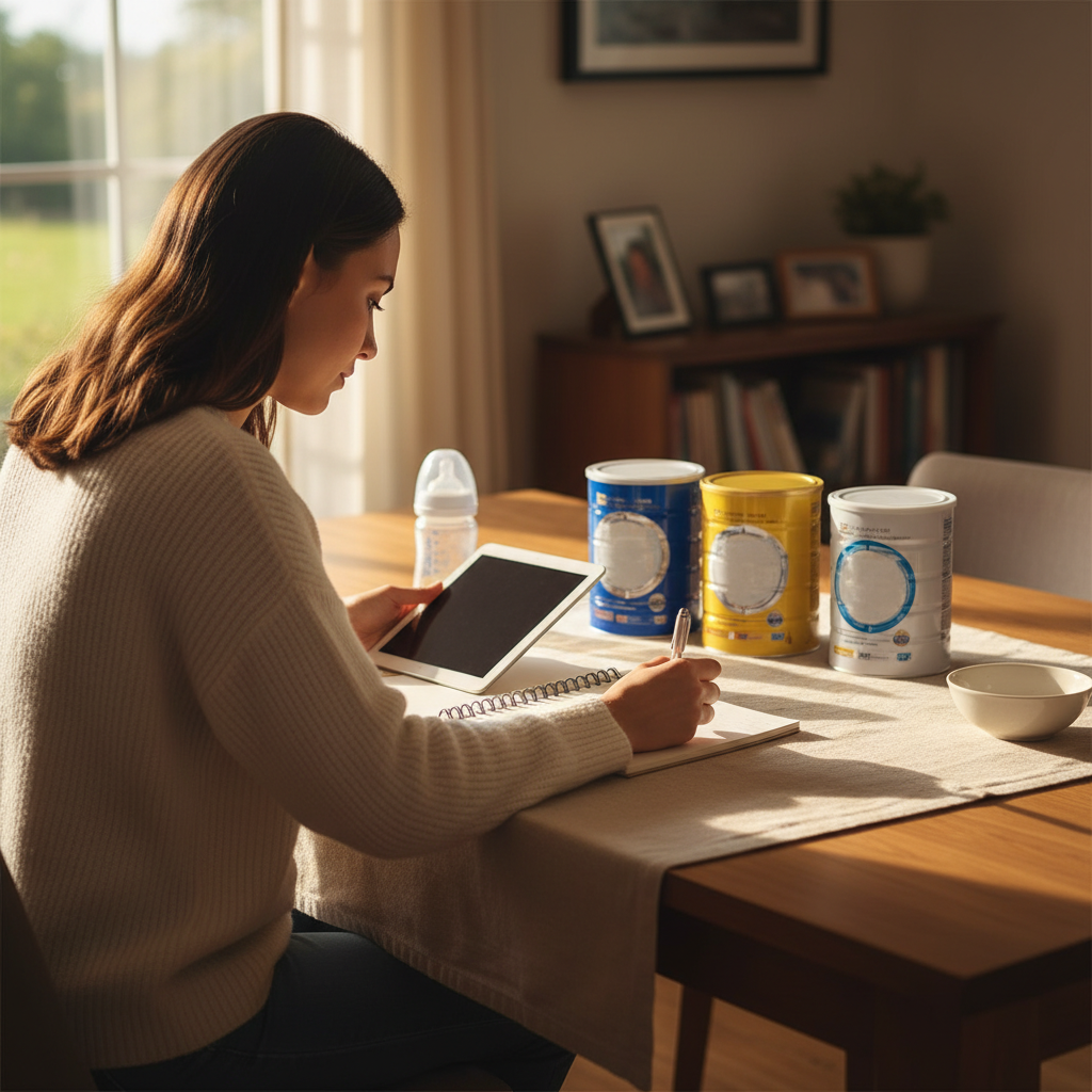 妈妈在餐桌前对比三罐奶粉标签并记录喂养反应