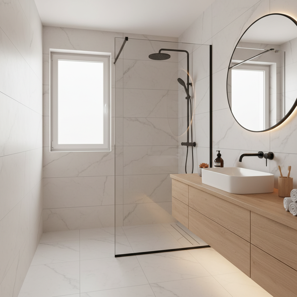 一个现代简约风的卫生间内部，白色大理石纹理瓷砖配上黑色边框的玻璃淋浴房，洗手台上摆放着精致的洗漱用品