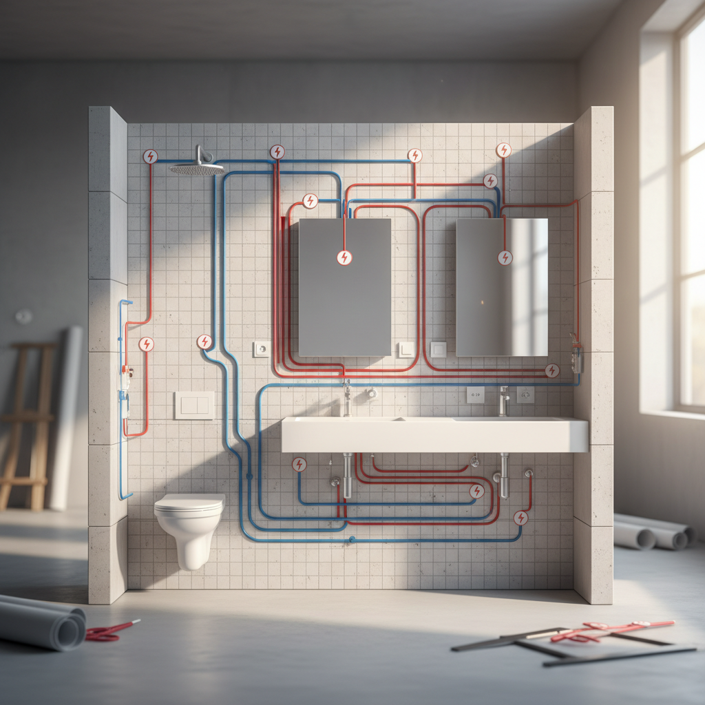 一张细致的卫生间水电布线设计图，蓝色的水管路径和红色的电线标识在灰色的墙体结构图上交织