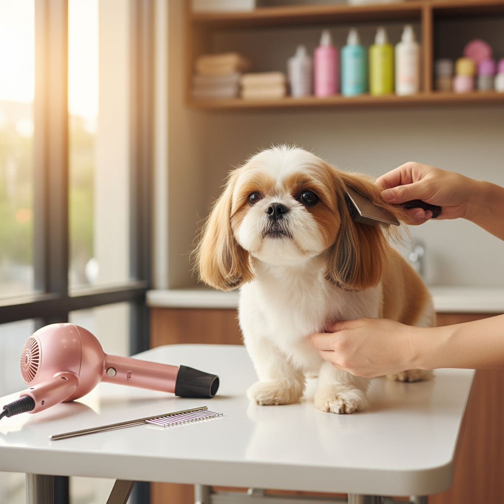 美容台上一只金白色西施犬正在被梳理长耳毛，旁边放着针梳和粉色吹风机