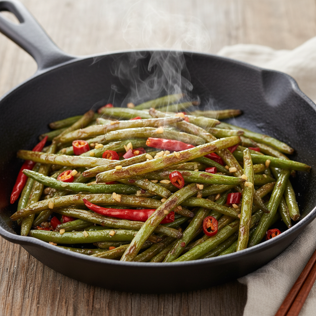 铁锅中热气腾腾的干煸豆角，表面微微起皱呈现虎皮色，配以鲜红的干辣椒段和细碎的蒜末，色泽诱人