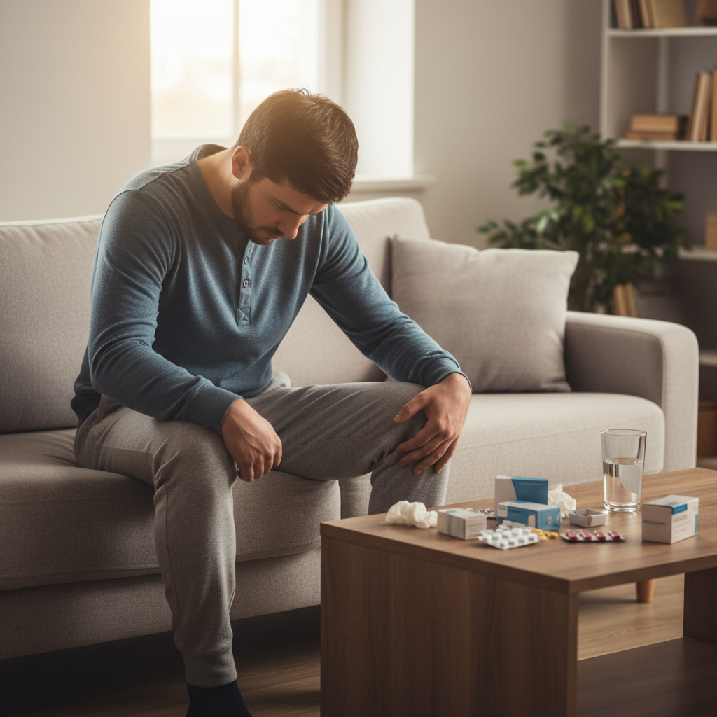 一个身穿居家服的男子愁眉苦脸地坐在沙发边沿,双手撑着膝盖,旁边桌上散落着几盒感冒药和止痛药