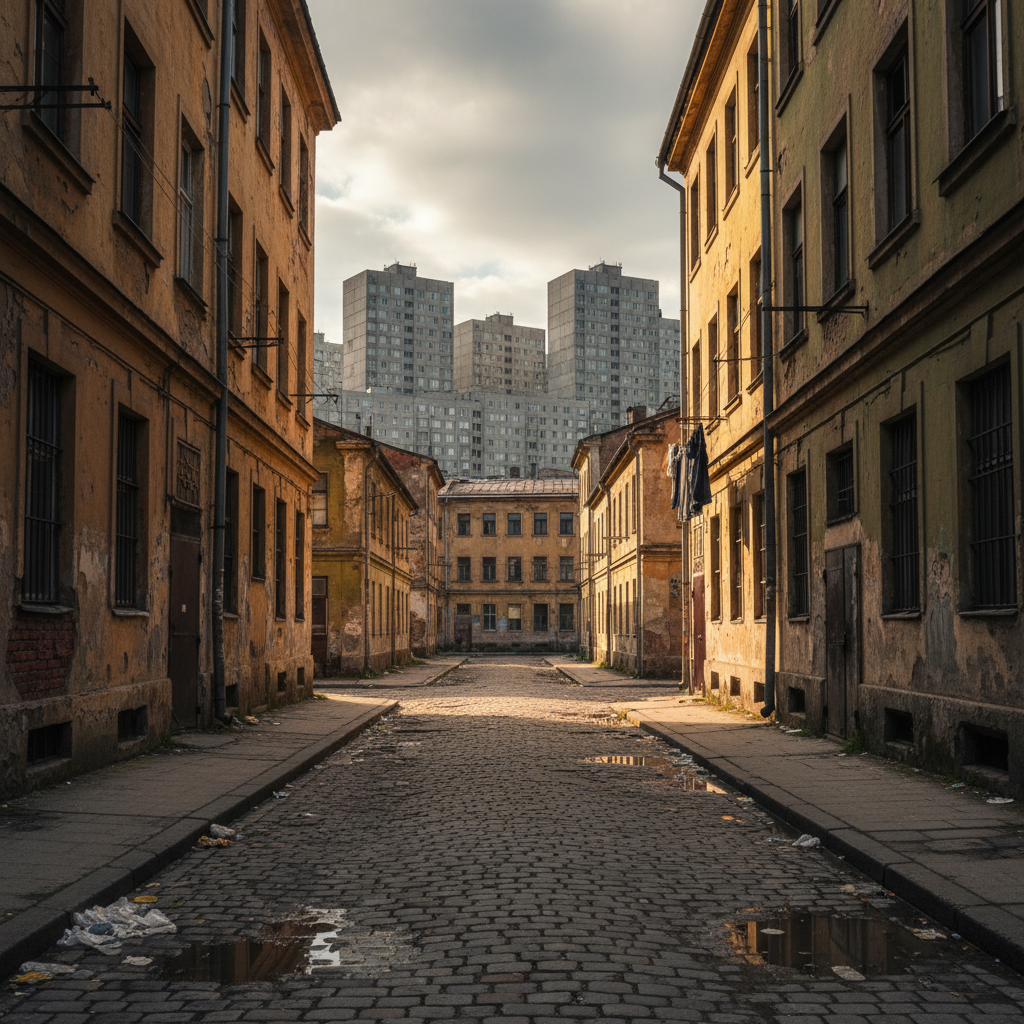 90年代初破旧的街道和斑驳的墙面,远处是密集的灰色楼群,氛围显得压抑且凝重