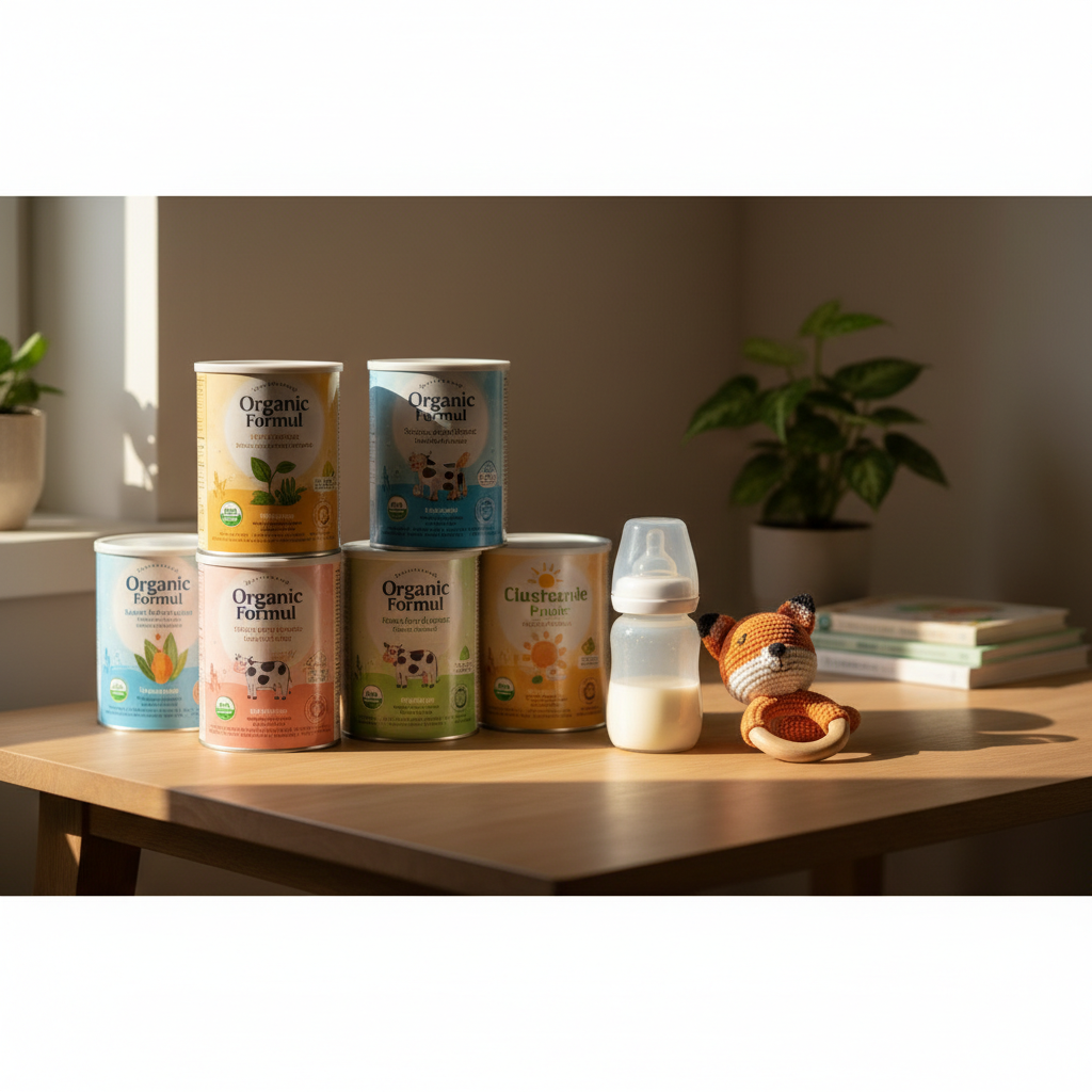 暖黄色的灯光下,一张整洁的木质书桌上摆放着几罐不同品牌的有机奶粉,旁边还有冲泡好的半瓶奶和一只可爱的小摇铃