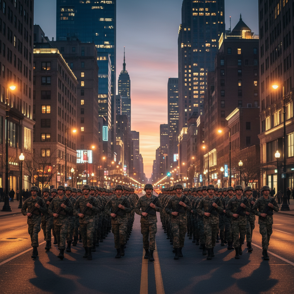 一队穿着迷彩服、纪律严明的士兵正整齐地走在城市街道上，背景是华灯初上的城市建筑