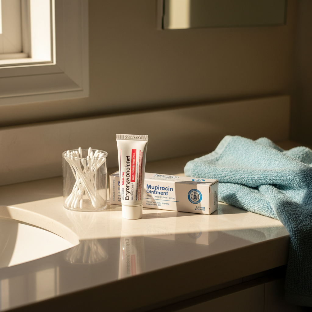 阳光明媚的浴室台面上，整齐摆放着一瓶红霉素软膏、一盒莫匹罗星软膏和几根干净的棉签，旁边是一块淡蓝色的清爽毛巾